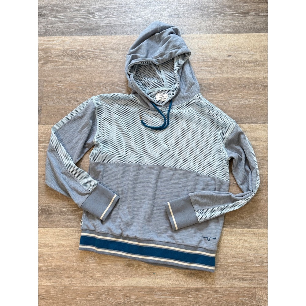 Kimes Ranch Womens Mesh Panel Hoodie Light Blue Grey Pullover Medium